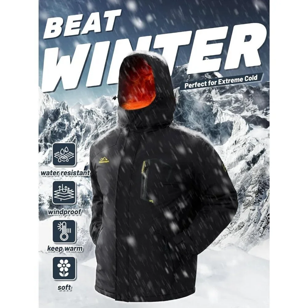 Men's #215 Black Winter Ski Jacket Water Resistant Fleece Hooded Parka